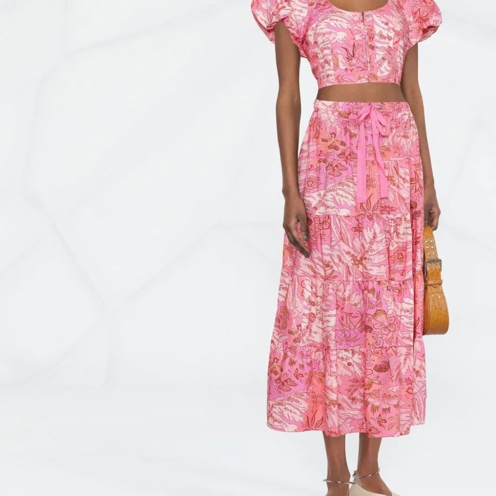 Ulla Johnson Makana pink floral-print tiered midi skirt